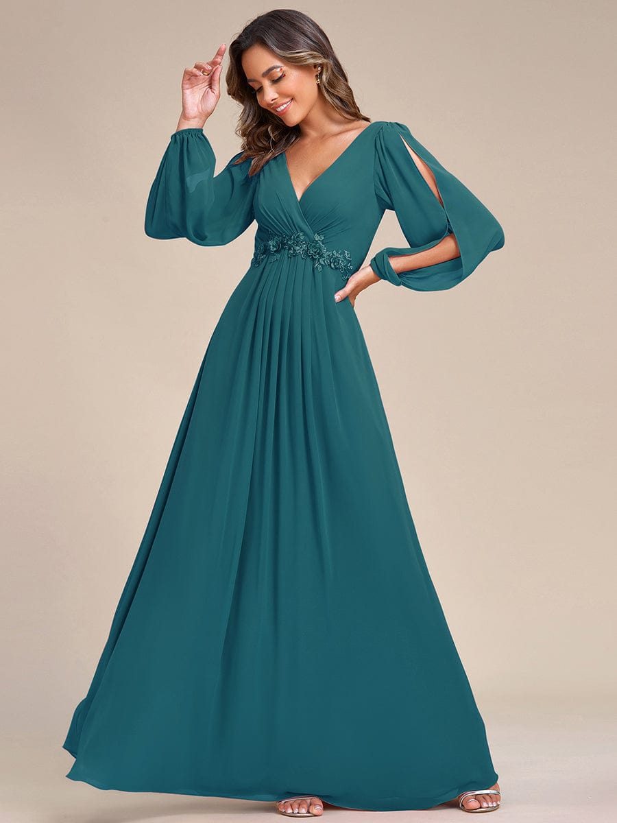 Elegant Chiffon V-Neckline Long Sleeve Formal Evening Dress #color_Teal