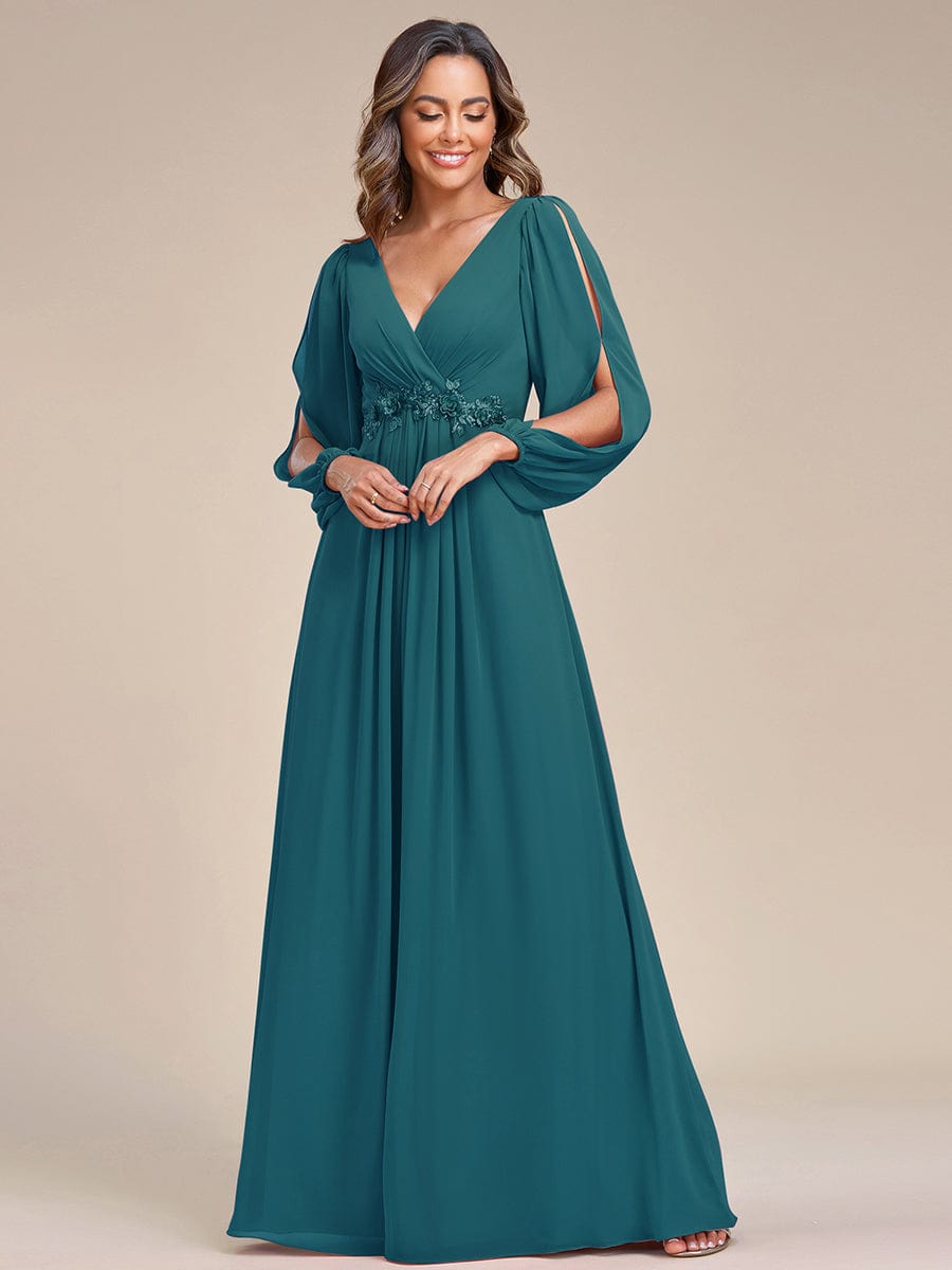 Elegant Chiffon V-Neckline Long Sleeve Formal Evening Dress #color_Teal