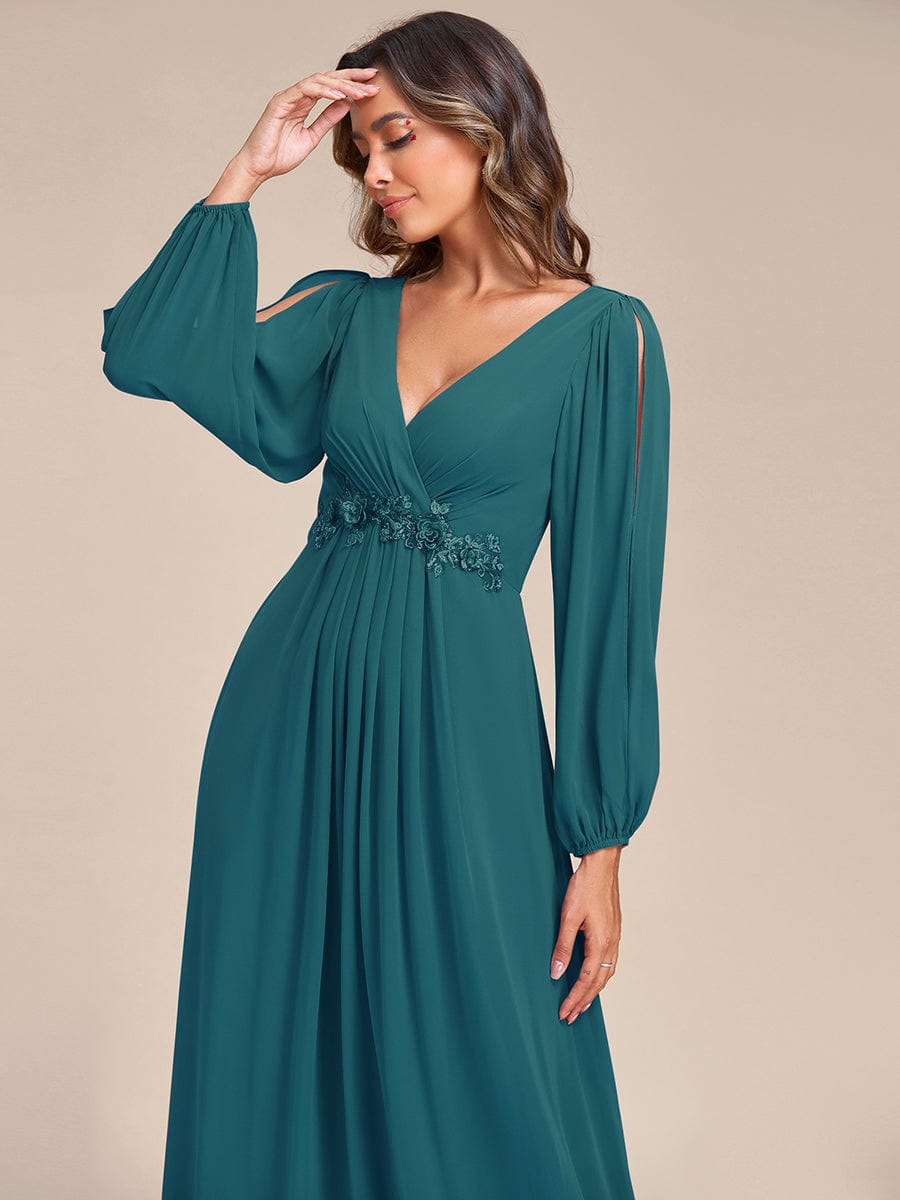 Elegant Chiffon V-Neckline Long Sleeve Formal Evening Dress #color_Teal