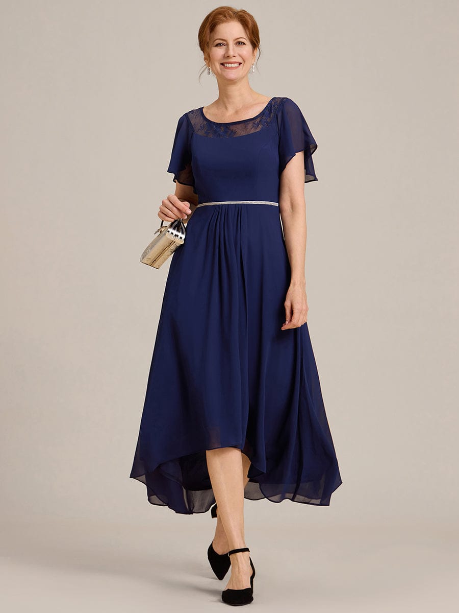 Chiffon Ruffle Sleeves Asymmetrical Hem Mother of the Bride Dress #color_Navy Blue