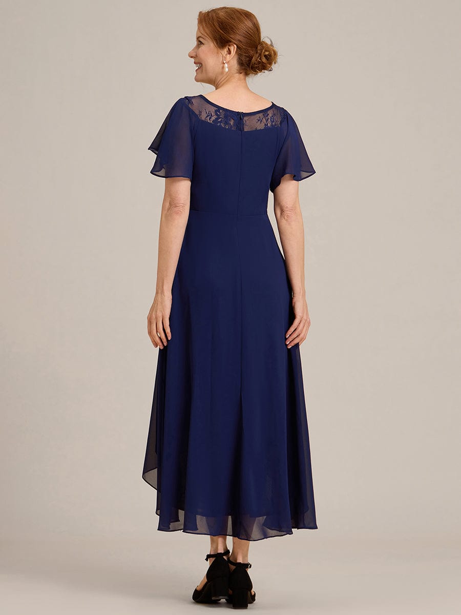 Chiffon Ruffle Sleeves Asymmetrical Hem Mother of the Bride Dress #color_Navy Blue