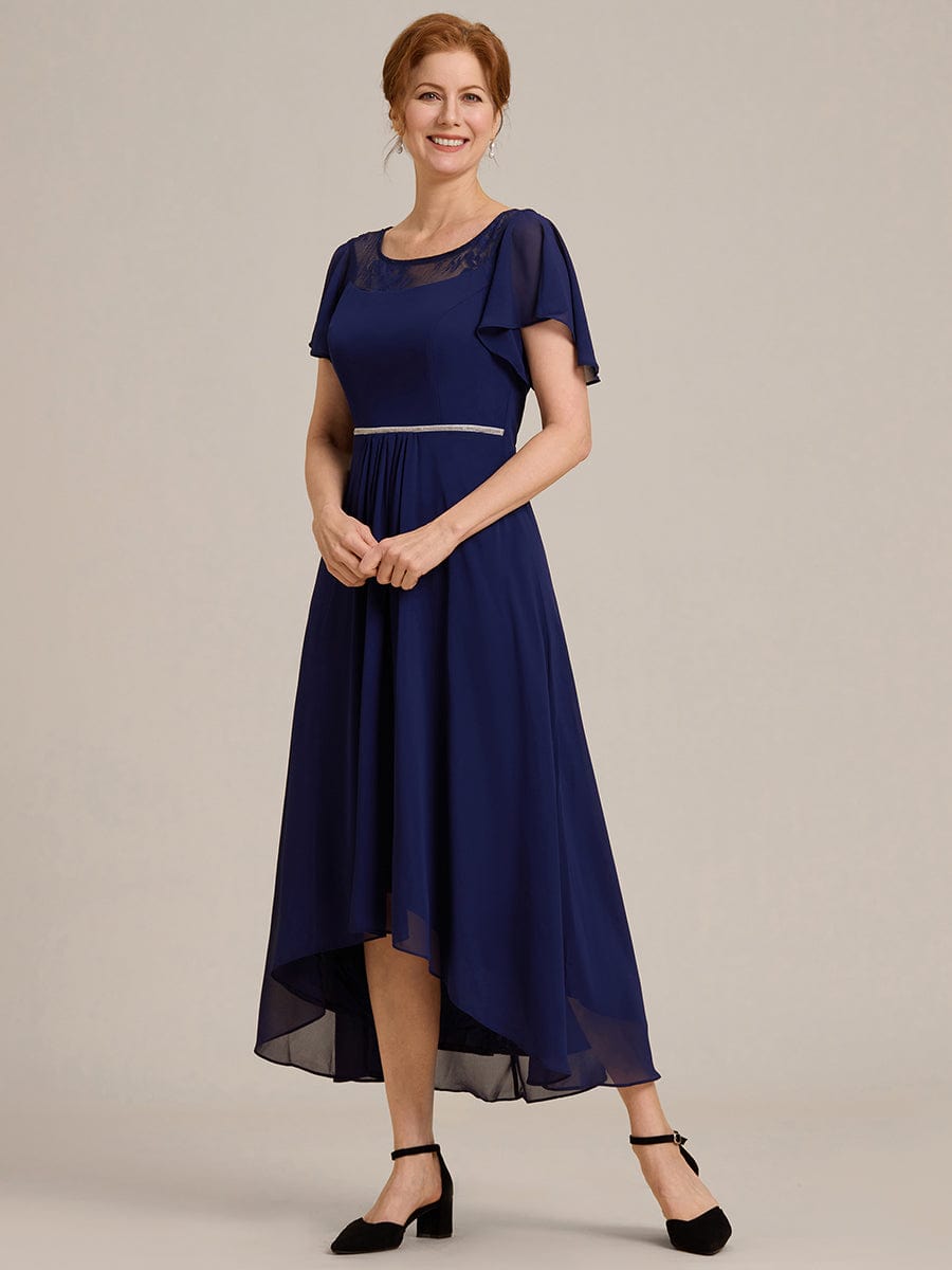 Chiffon Ruffle Sleeves Asymmetrical Hem Mother of the Bride Dress #color_Navy Blue