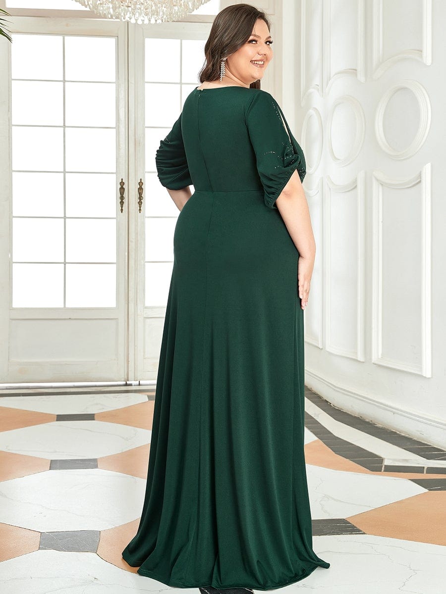 Trendy Round Neck Long Bodycon Evening Dress with Sleeves #color_Dark Green 