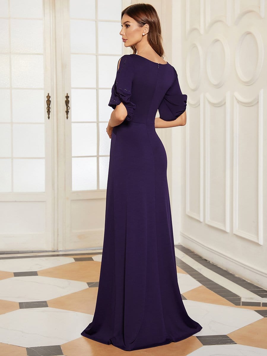 Trendy Round Neck Long Bodycon Evening Dress with Sleeves #color_Dark Purple 