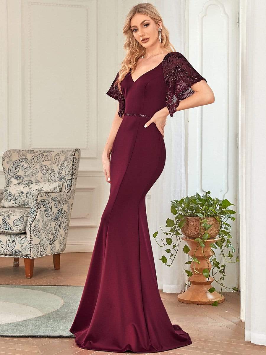 Sexy V Neck Maxi Bodycon Party Dress with Flare Sleeves #Color_Burgundy