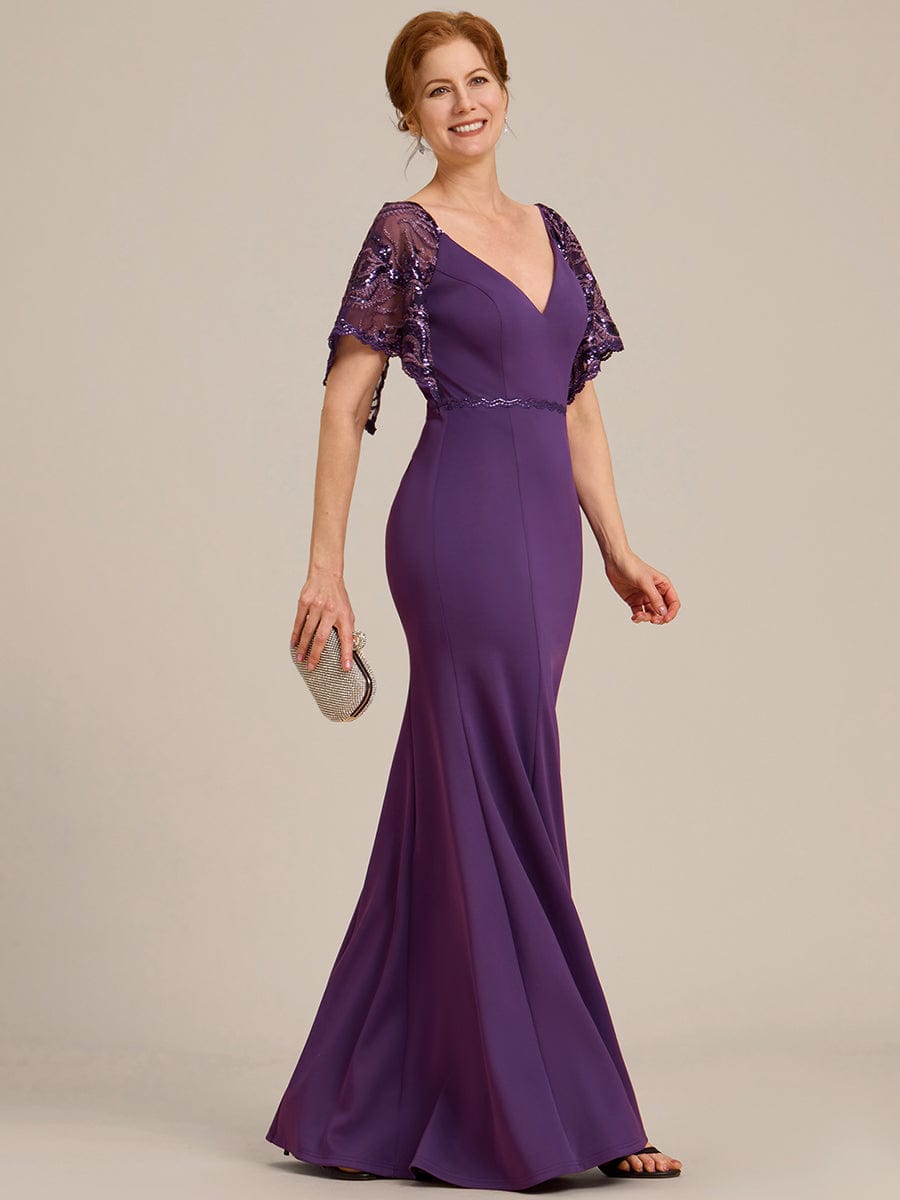 Sexy V Neck Maxi Bodycon Party Dress with Flare Sleeves #Color_Dark Purple