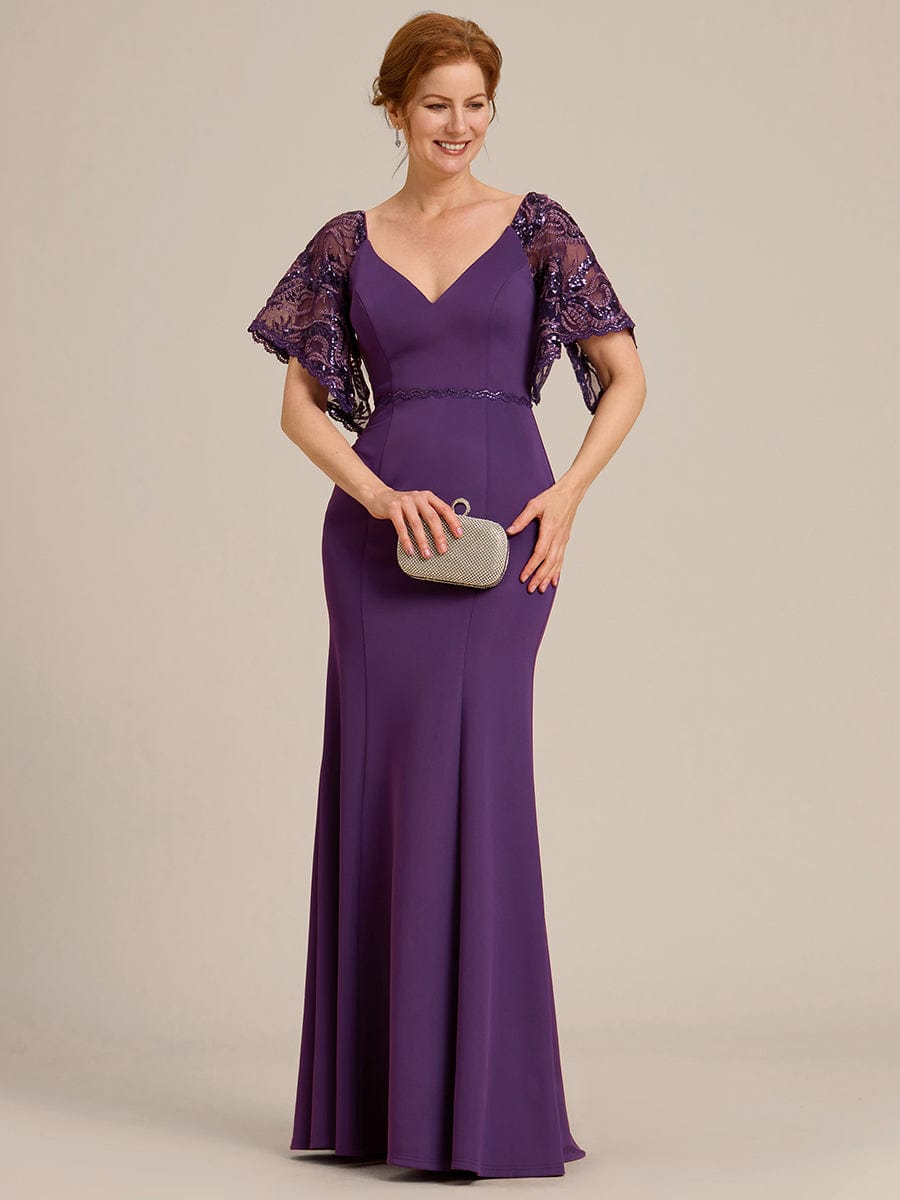 Sexy V Neck Maxi Bodycon Party Dress with Flare Sleeves #Color_Dark Purple