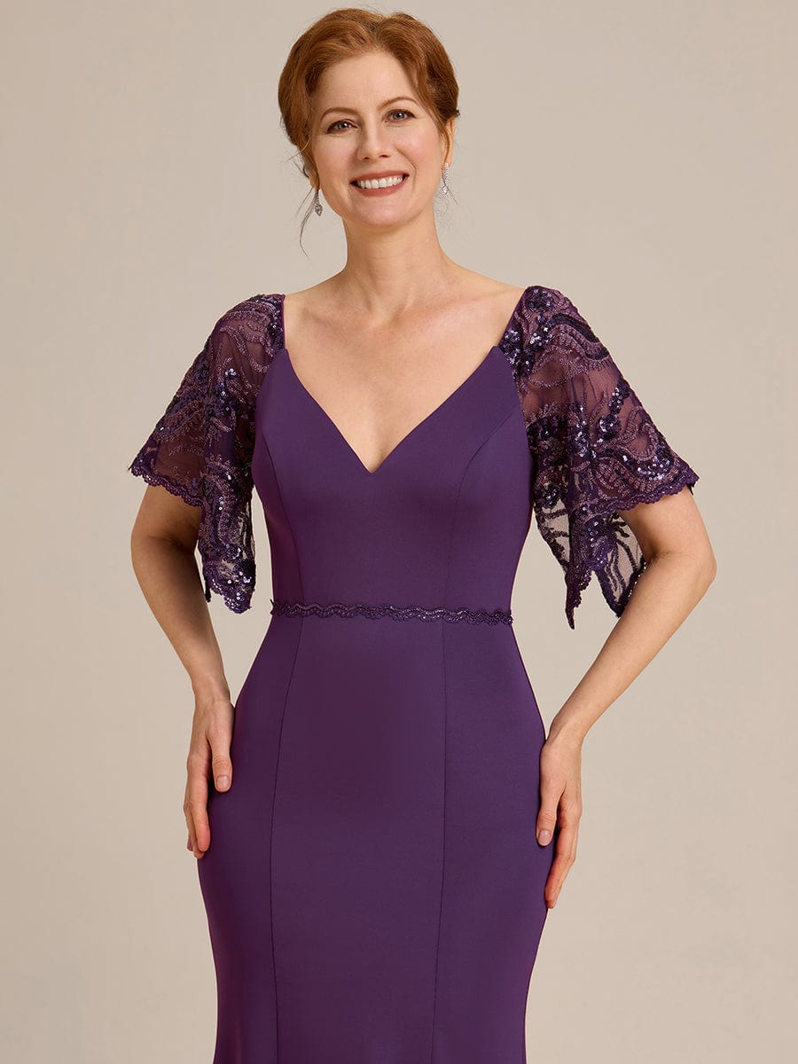 Sexy V Neck Maxi Bodycon Party Dress with Flare Sleeves #Color_Dark Purple