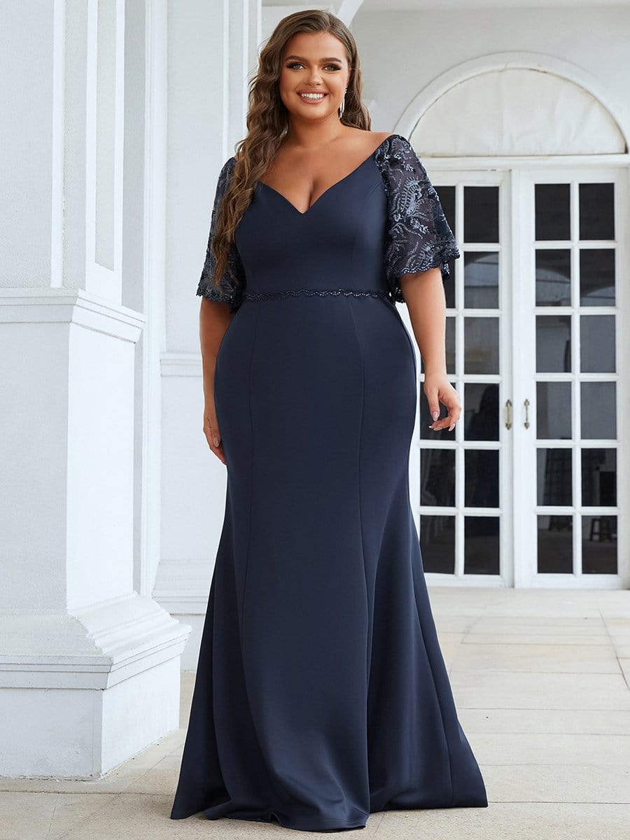 Sexy V Neck Maxi Bodycon Party Dress with Flare Sleeves #Color_Navy Blue