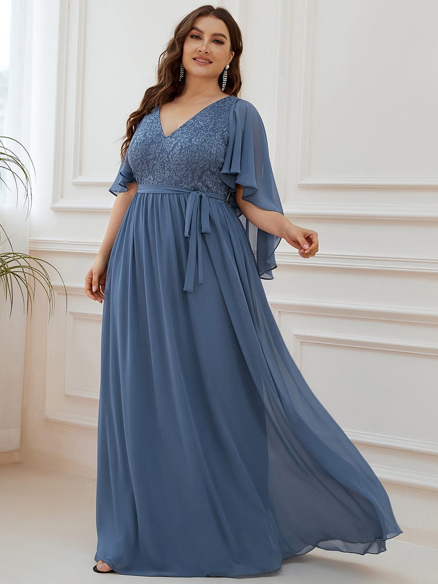 Custom Size Deep V Neck Lace Bodice Long Flowy Evening Dress #color_Dusty Navy