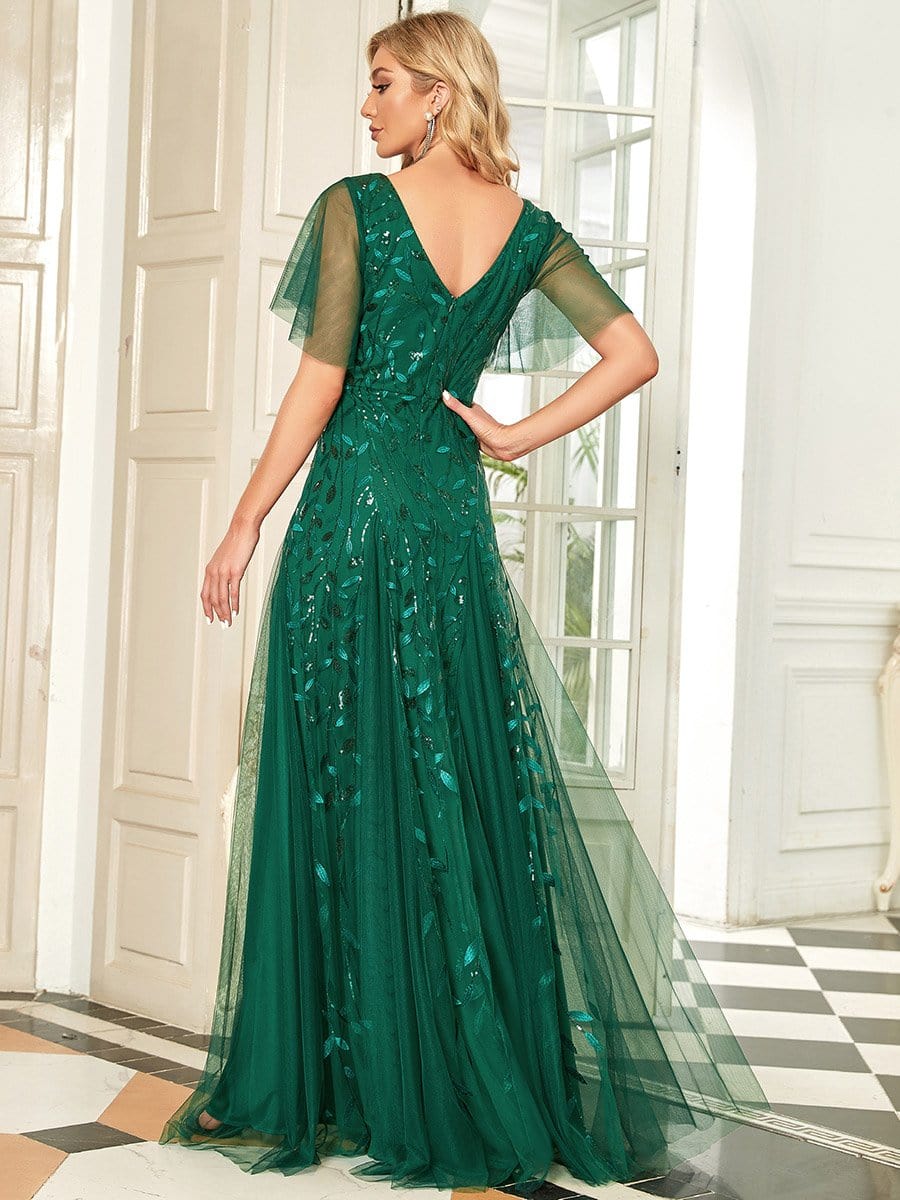 Shimmery V Neck Ruffle Sleeves Sequin Maxi Long Evening Dress #color_Dark Green 