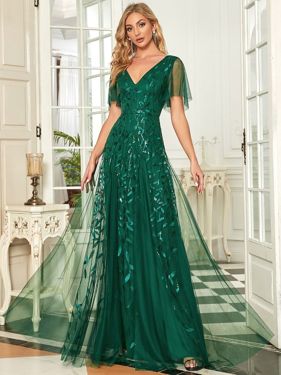 Shimmery V Neck Ruffle Sleeves Sequin Maxi Long Evening Dress #color_Dark Green 