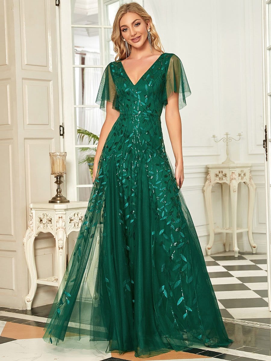 Shimmery V Neck Ruffle Sleeves Sequin Maxi Long Evening Dress #color_Dark Green 