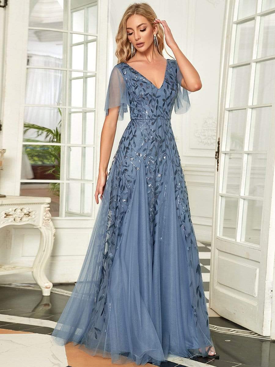 Shimmery V Neck Ruffle Sleeves Sequin Maxi Long Evening Dress #color_Dusty Navy 