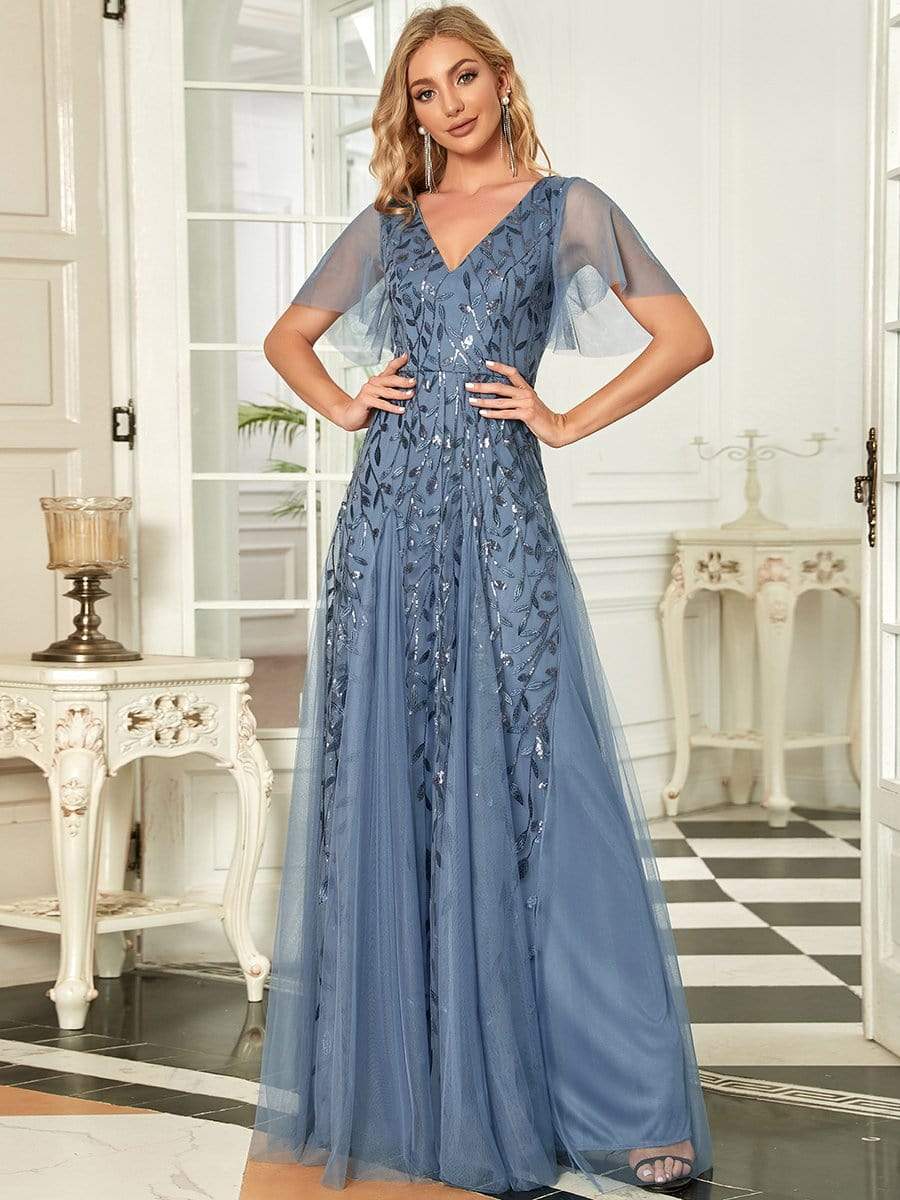 Shimmery V Neck Ruffle Sleeves Sequin Maxi Long Evening Dress #color_Dusty Blue