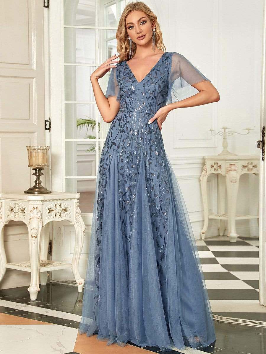 Shimmery V Neck Ruffle Sleeves Sequin Maxi Long Evening Dress #color_Dusty Blue