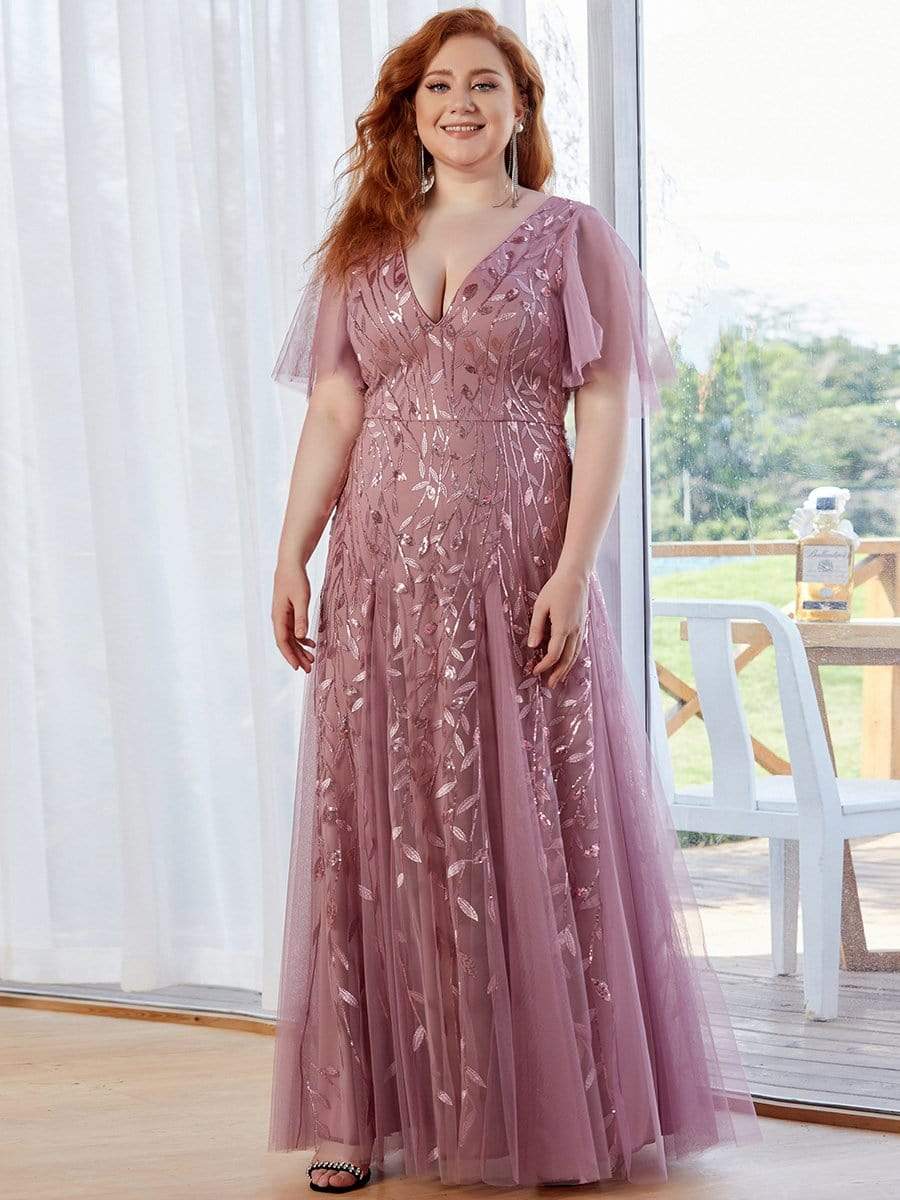 Shimmery V Neck Ruffle Sleeves Sequin Maxi Long Evening Dress #color_Purple Orchid 