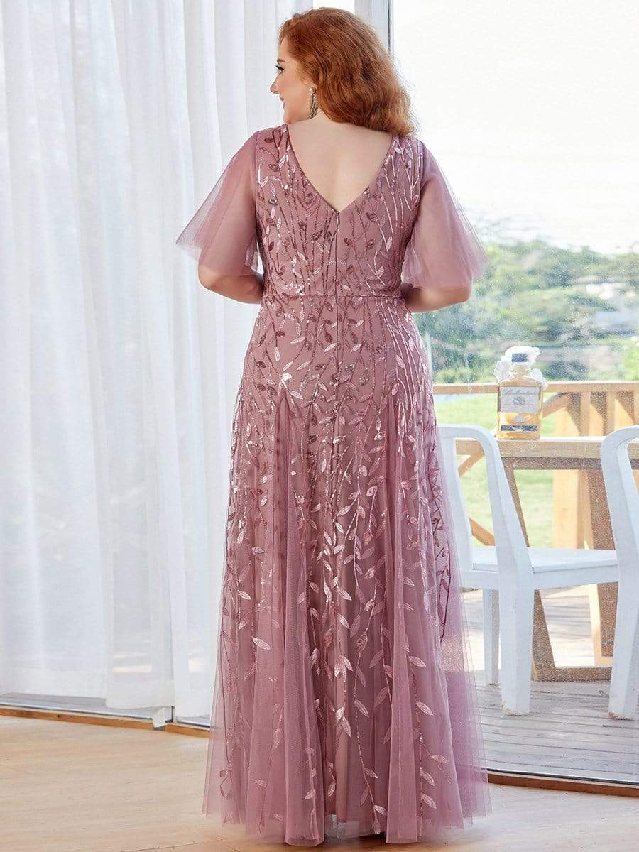 Shimmery V Neck Ruffle Sleeves Sequin Maxi Long Evening Dress #color_Purple Orchid 