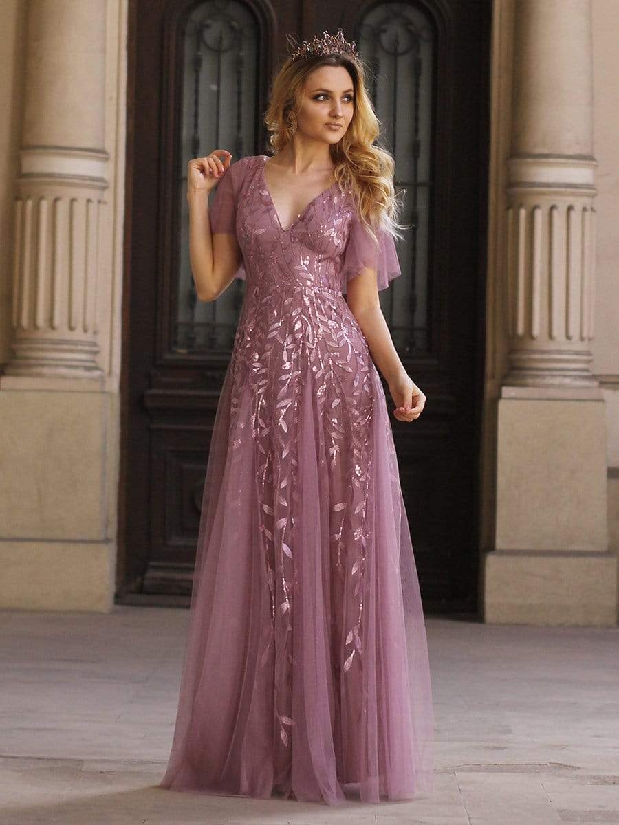 Shimmery V Neck Ruffle Sleeves Sequin Maxi Long Evening Dress #color_Purple Orchid 