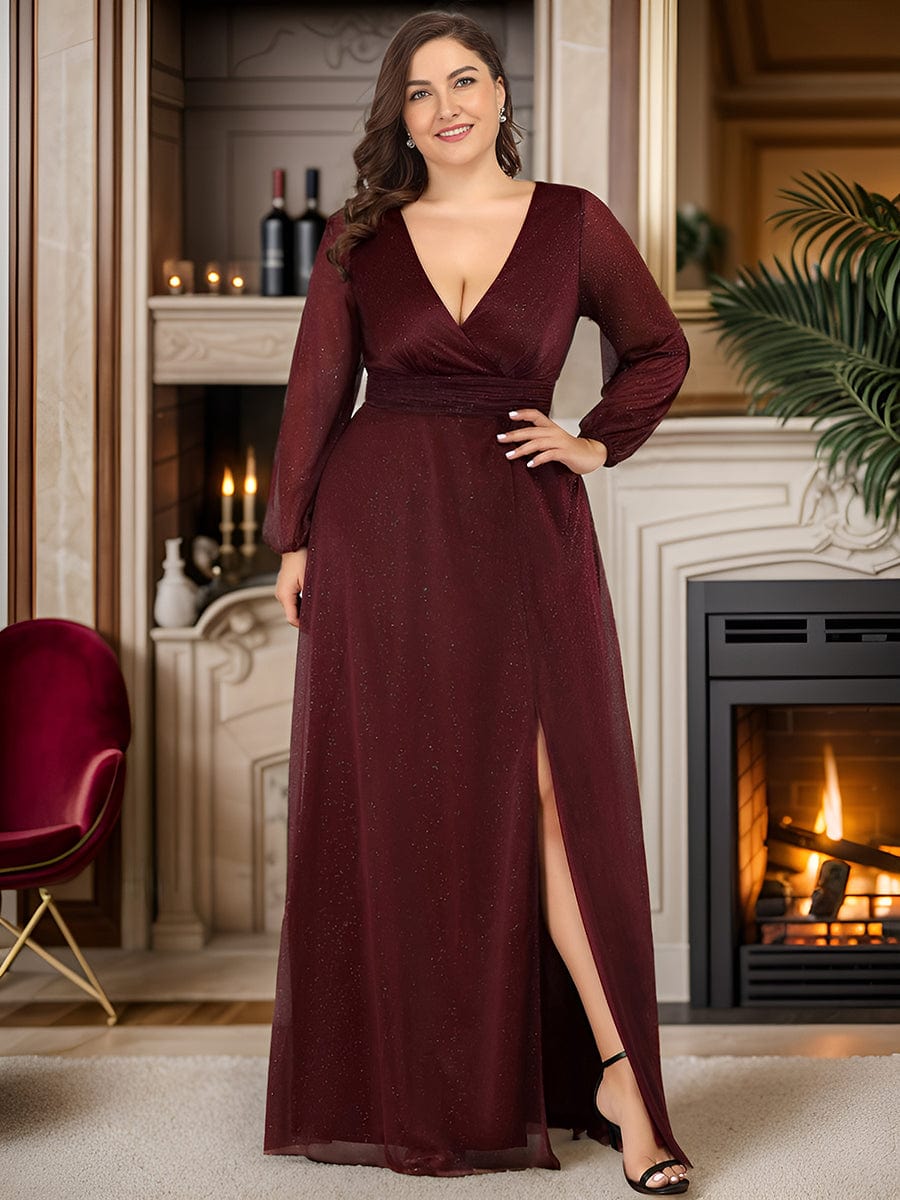 Plus Size Shiny Long Puff Sleeve Evening Dress for Women - Ever-Pretty US