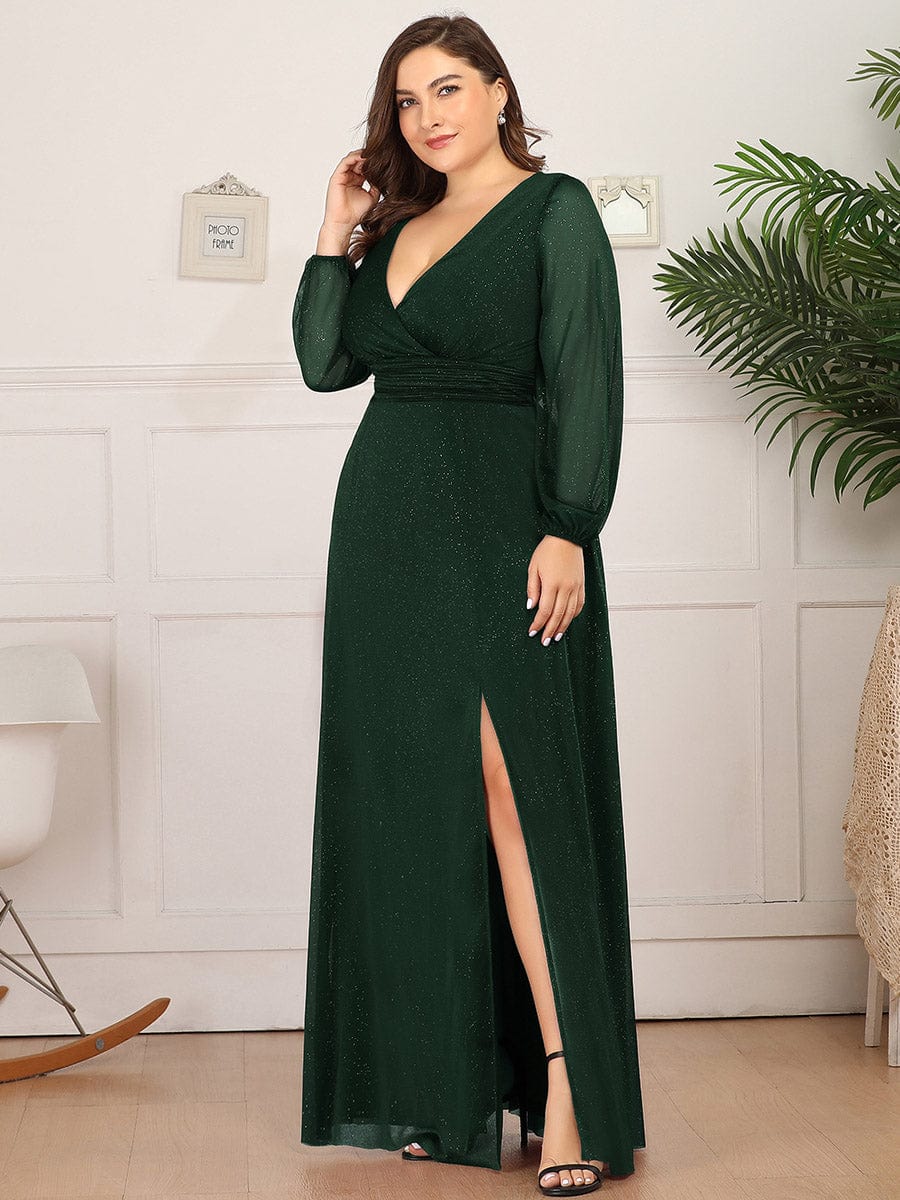 Plus Size V-Neck Shiny Puff Sleeve Evening Dress for Women #color_Dark Green