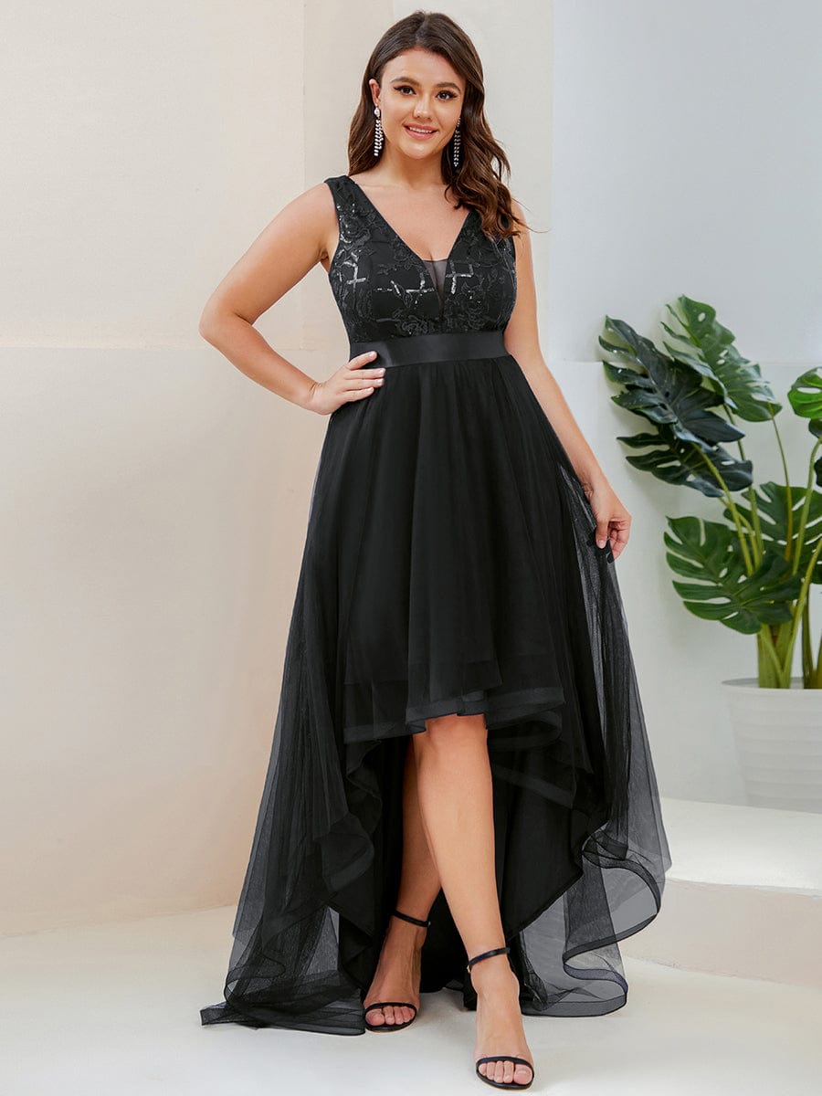 Fashion High-Low Deep V Neck Tulle Prom Dresses with Sequin Appliques #Color_Black