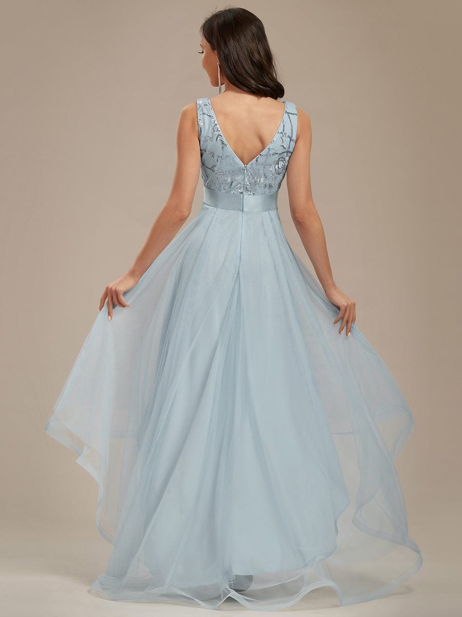 Fashion High-Low Deep V Neck Tulle Prom Dresses with Sequin Appliques #Color_Sky Blue