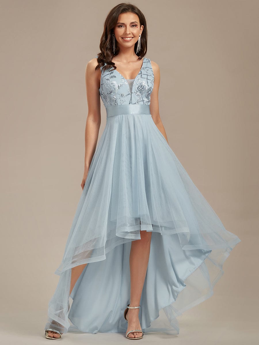 Fashion High-Low Deep V Neck Tulle Prom Dresses with Sequin Appliques #Color_Sky Blue