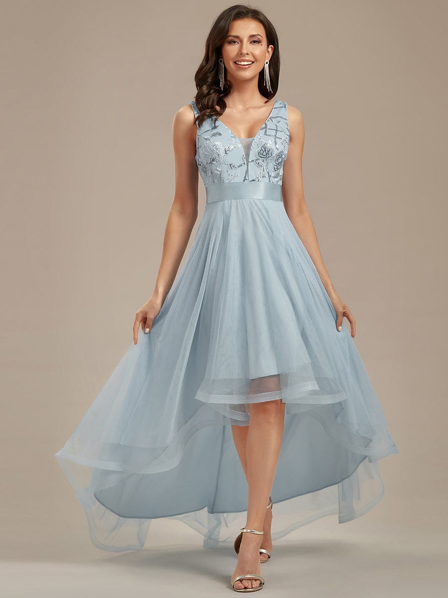 Fashion High-Low Deep V Neck Tulle Prom Dresses with Sequin Appliques #Color_Sky Blue