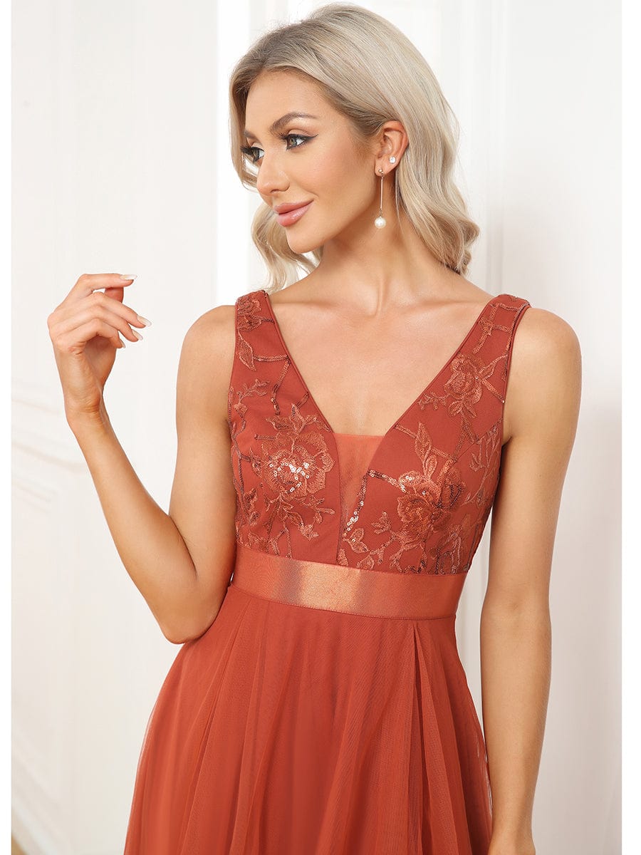 Fashion High-Low Deep V Neck Tulle Prom Dresses with Sequin Appliques #color_Burnt Orange