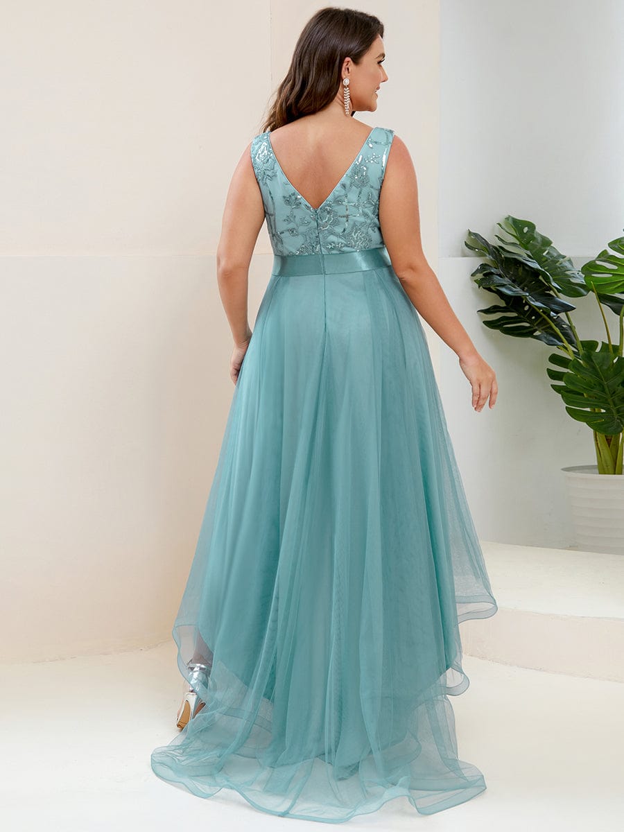 Fashion High-Low Deep V Neck Tulle Prom Dresses with Sequin Appliques #color_Light Teal