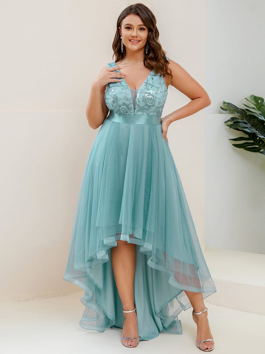 Fashion High-Low Deep V Neck Tulle Prom Dresses with Sequin Appliques #color_Light Teal