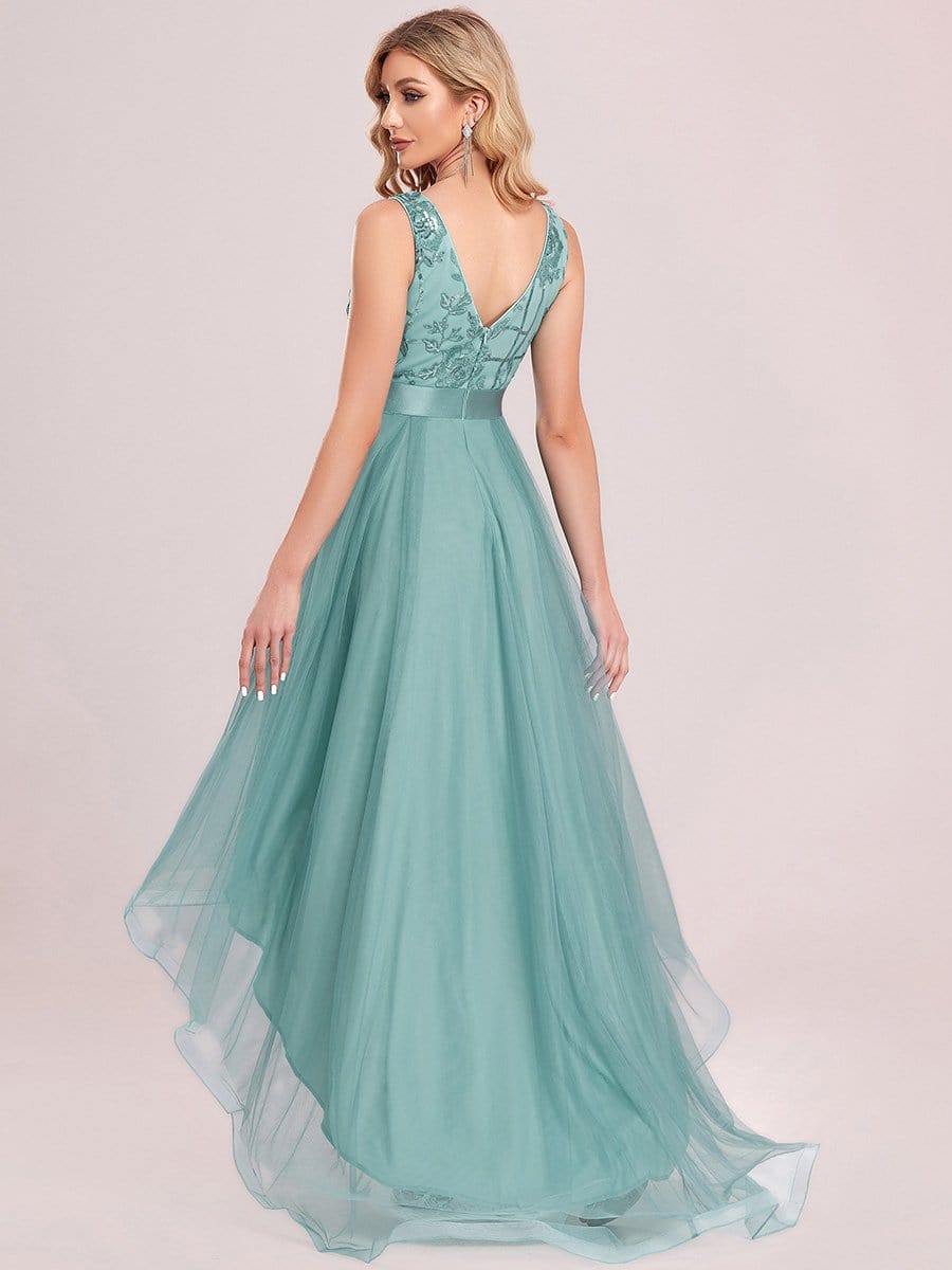 Fashion High-Low Deep V Neck Tulle Prom Dresses with Sequin Appliques #color_Light Teal