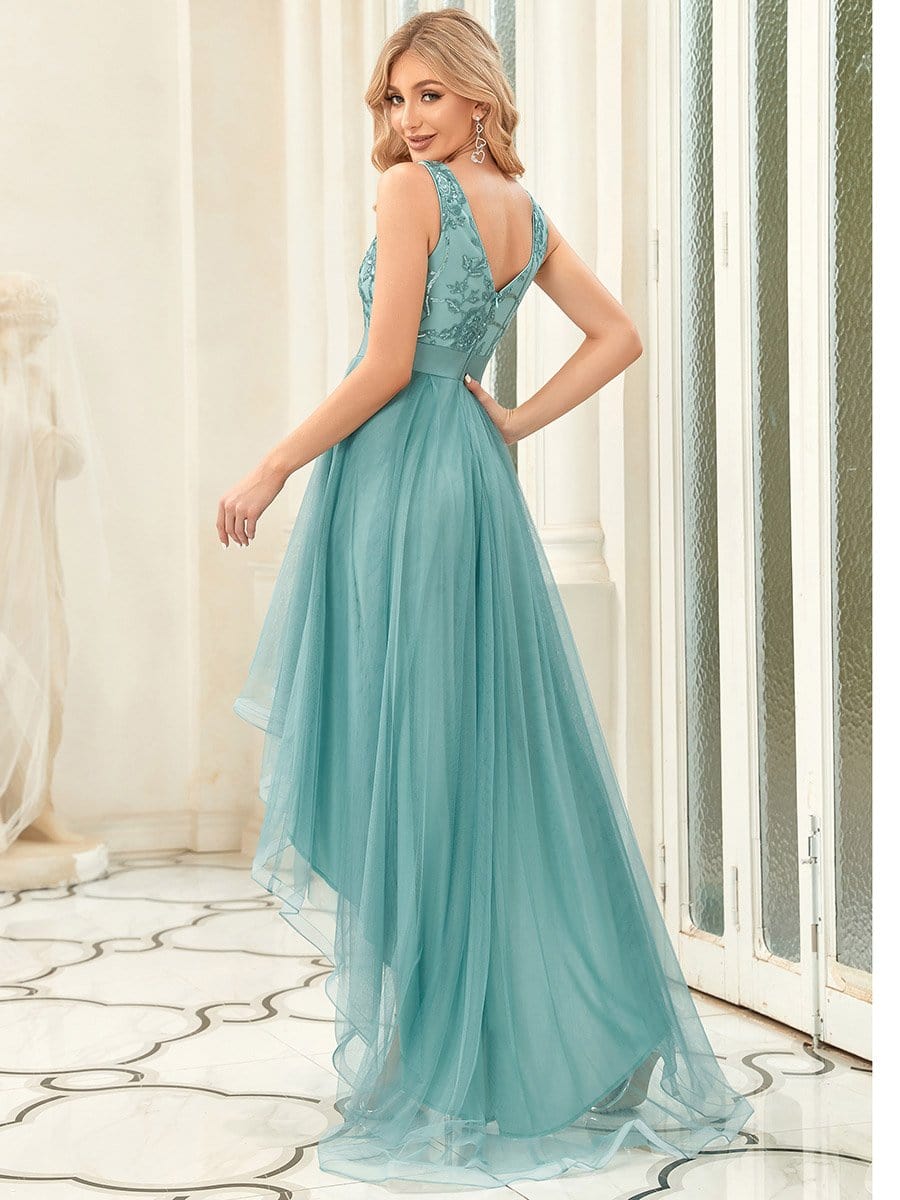 Fashion High-Low Deep V Neck Tulle Prom Dresses with Sequin Appliques #color_Light Teal