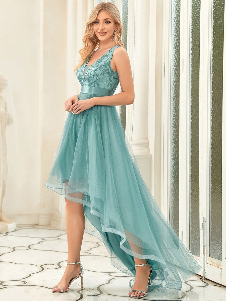 Fashion High-Low Deep V Neck Tulle Prom Dresses with Sequin Appliques #color_Light Teal