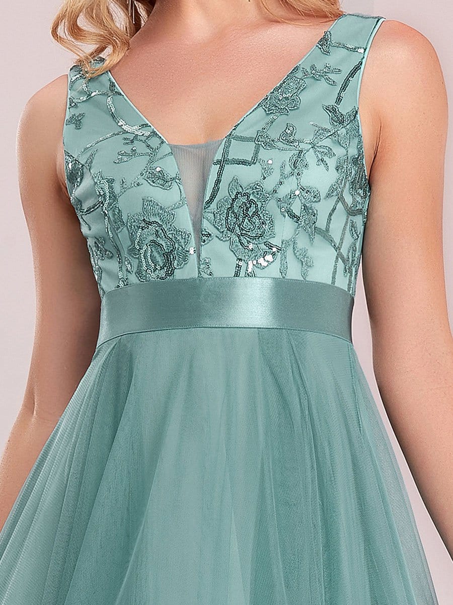 Fashion High-Low Deep V Neck Tulle Prom Dresses with Sequin Appliques #color_Light Teal