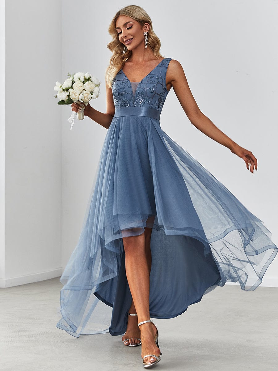 Fashion High-Low Deep V Neck Tulle Prom Dresses with Sequin Appliques #Color_Dusty Blue