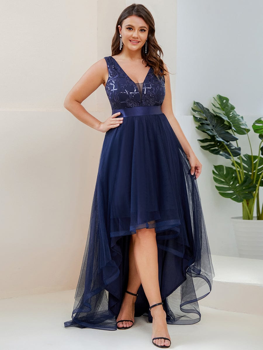 Fashion High-Low Deep V Neck Tulle Prom Dresses with Sequin Appliques #Color_Navy Blue