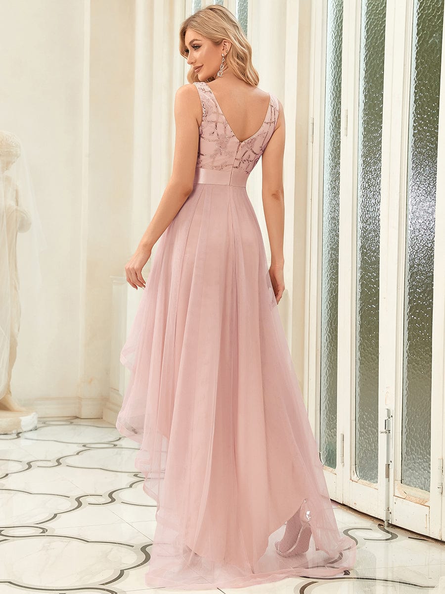 Fashion High-Low Deep V Neck Tulle Prom Dresses with Sequin Appliques #color_Pink