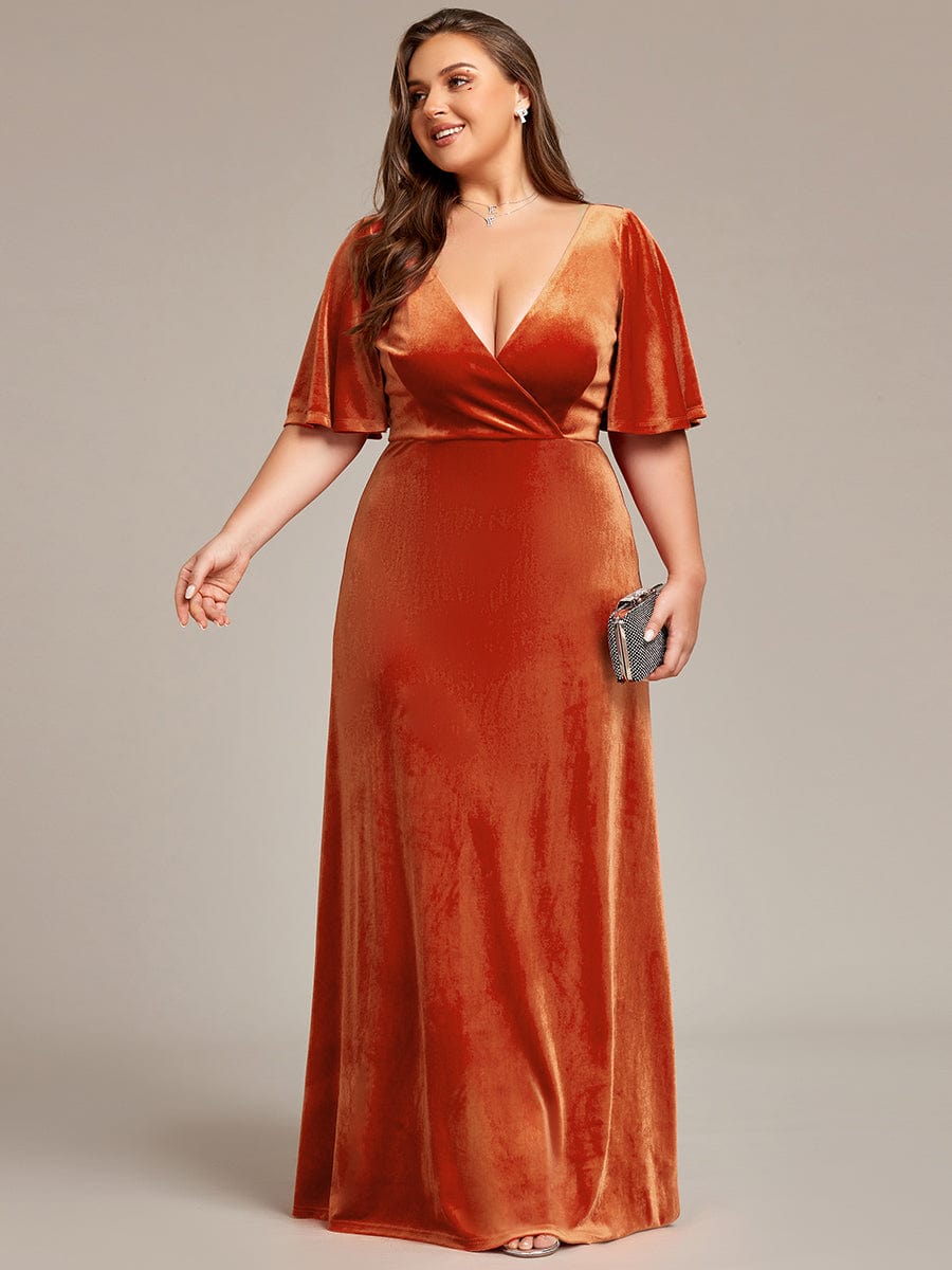 Elegant Double V Neck Velvet Party Dress with Sleeves #color_Burnt Orange