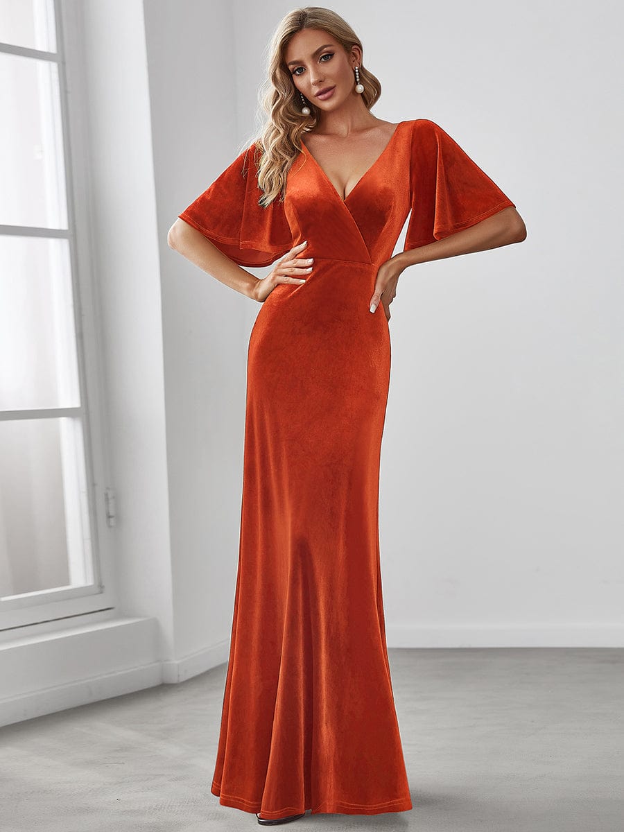 Elegant Double V Neck Velvet Party Dress with Sleeves #color_Burnt Orange