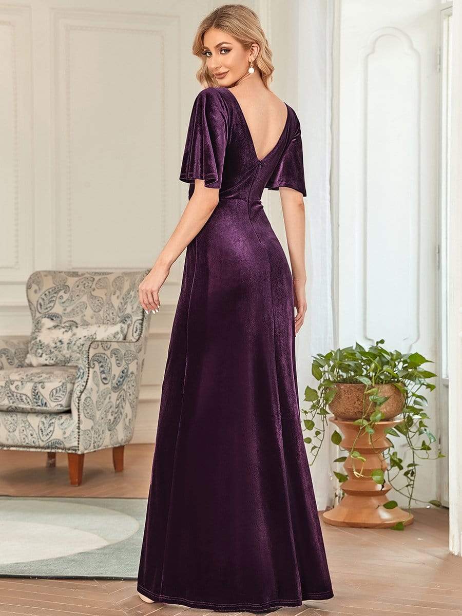 Elegant Double V Neck Velvet Party Dress with Sleeves #color_Dark Purple 