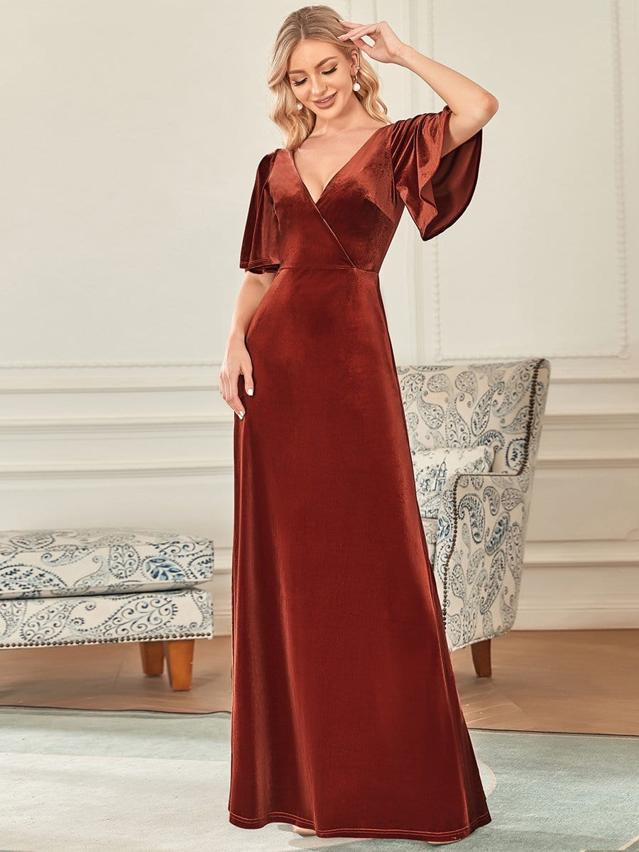 Elegant Double V Neck Velvet Party Dress with Sleeves #color_Brick Red 