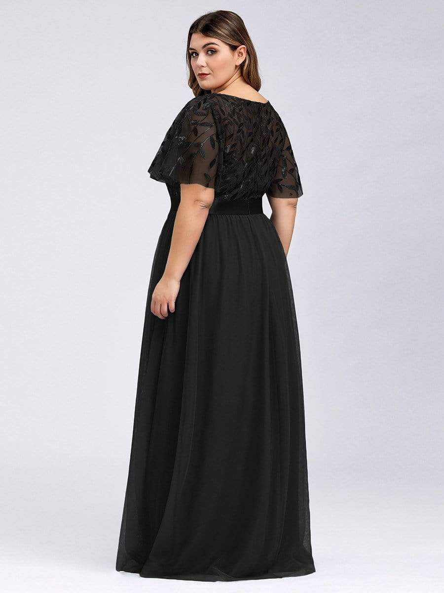 Plus Size Women's Embroidery Evening Dresses with Short Sleeve #color_Black 