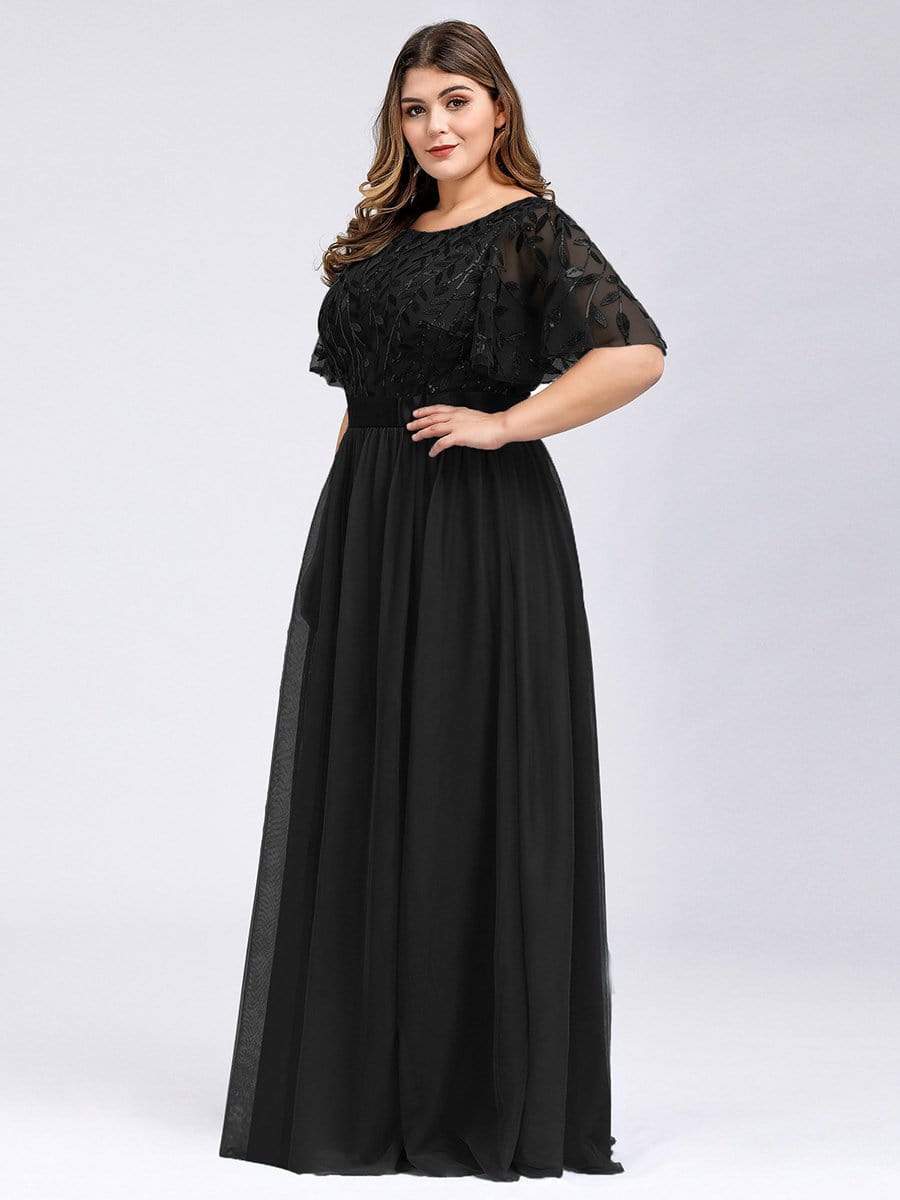 Plus Size Women's Embroidery Evening Dresses with Short Sleeve #color_Black 