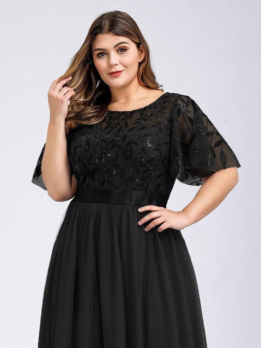 Plus Size Women's Embroidery Evening Dresses with Short Sleeve #color_Black 