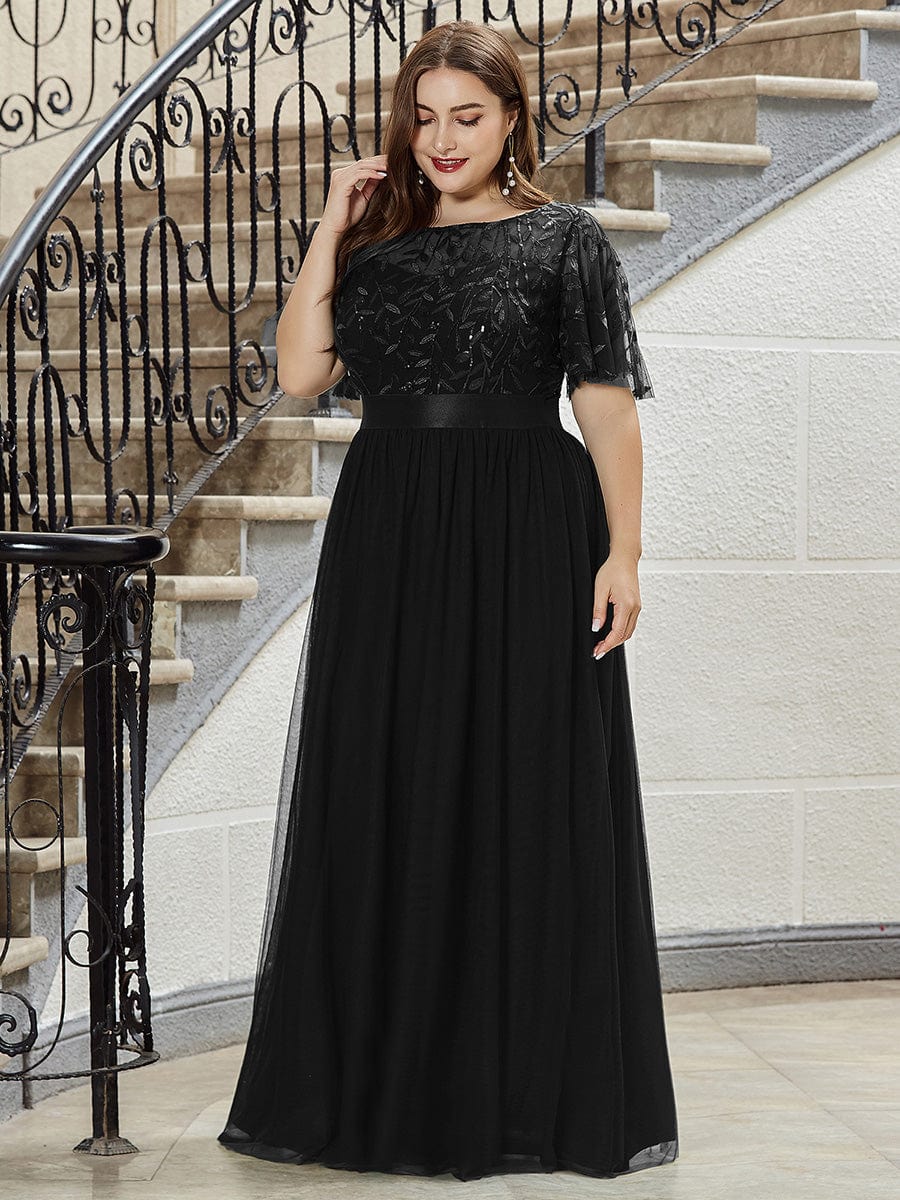 Women's A-Line Sequin Leaf Maxi Prom Dress with Sleeves #color_Black