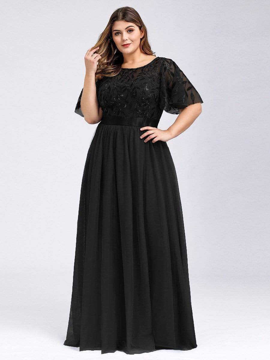 Plus Size Women's Embroidery Evening Dresses with Short Sleeve #color_Black 