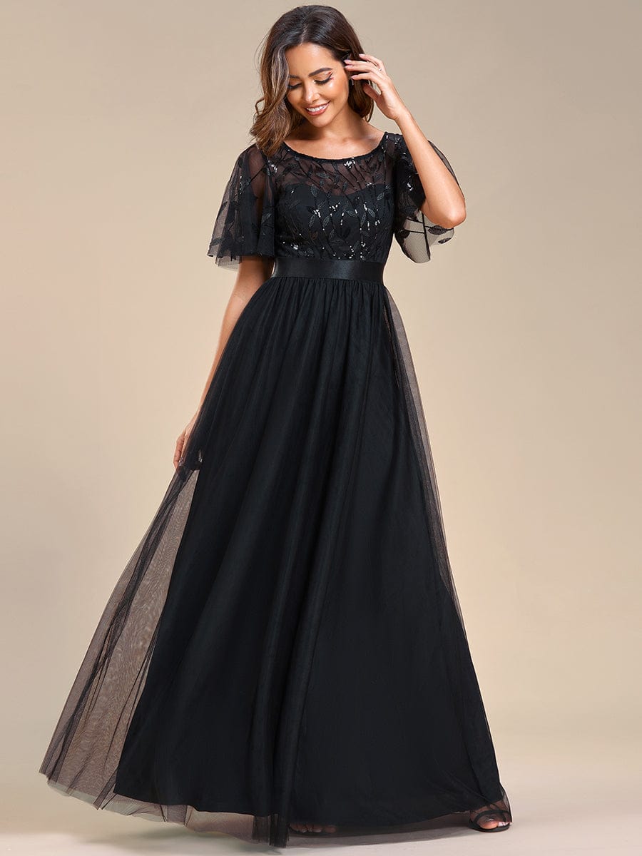 Women's A-Line Sequin Leaf Maxi Prom Dress with Sleeves #color_Black