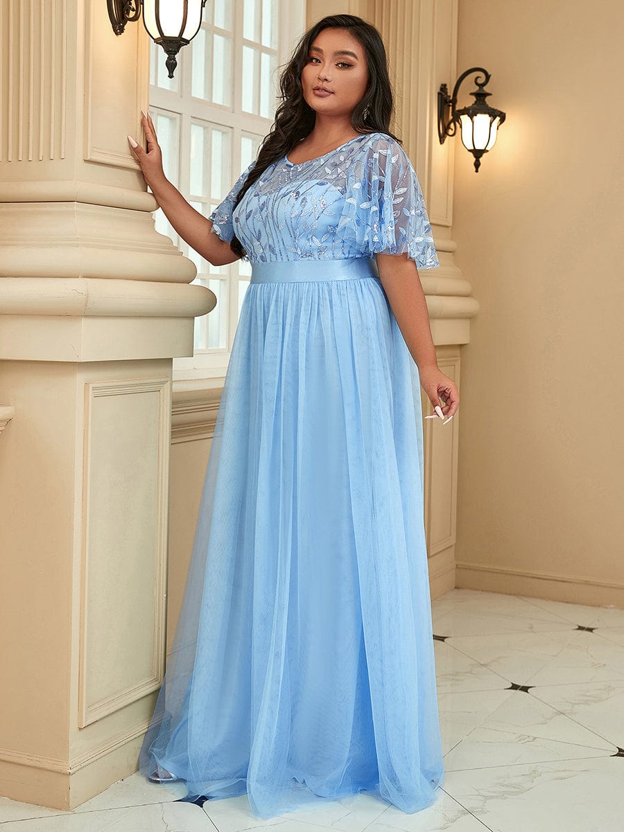 Plus Size Sequin Bodice Long Formal Evening Dresses #color_Sky Blue